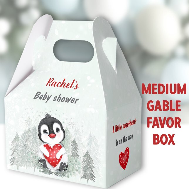 Winter Valentines Pinguin Boy Baby Dusche Medium Geschenkschachtel (Penguin Boy Medium Gable Favor Boxes - You can choose from 3 sizes of these gable favor boxes )