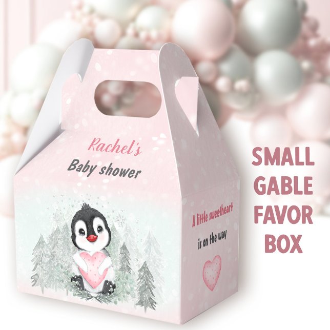 Winter Valentines Pinguin Girl Babydusche Geschenkschachtel (Penguin Girl Small Gable Favor Boxes - You can choose from 3 sizes of these gable favor boxes )