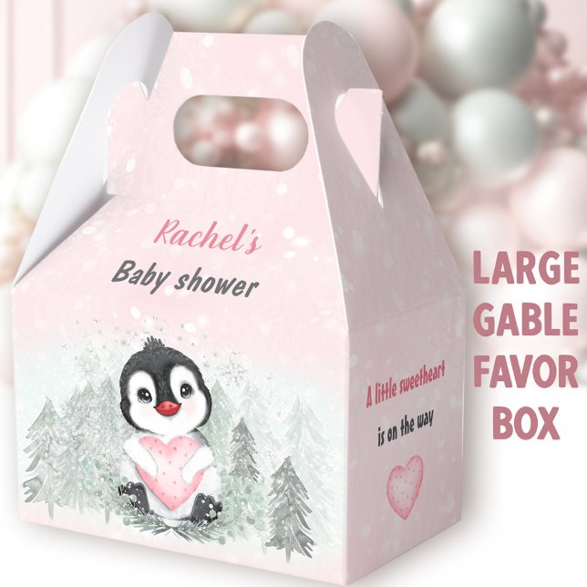 Winter Valentines Pinguin Girl Babydusche groß Geschenkschachtel (Penguin Girl Large Gable Favor Boxes - You can choose from 3 sizes of these gable favor boxes )