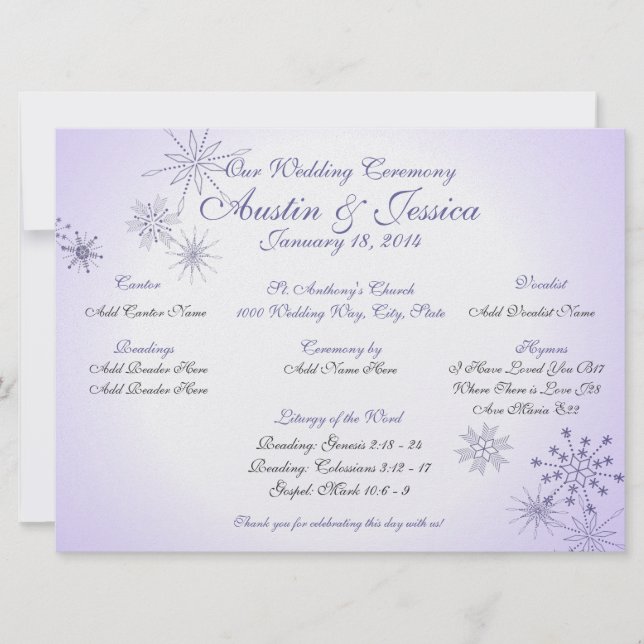 Winter-Veilchen-Schneeflocken-Hochzeitsprogramm Einladung (Vorderseite)