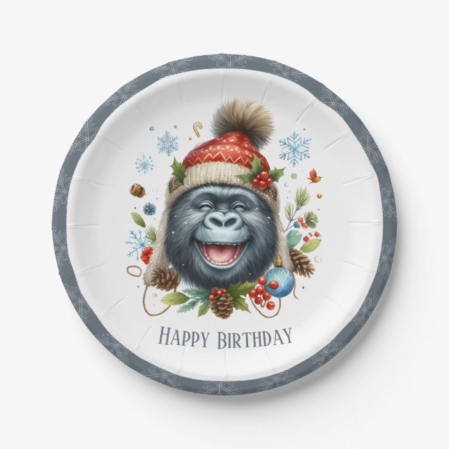 Winter Vibes Gorilla - Geburtstag Pappteller (Vorderseite)