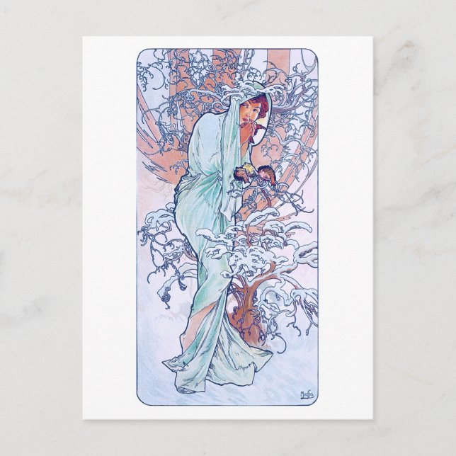 Winter (vier Jahreszeiten), Alphonse Mucha Postkarte (Vorderseite)