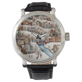 Winter Village Scene Cozy Snowy Town Armbanduhr