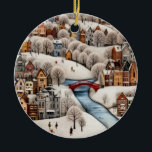 Winter Village Scene Cozy Snowy Town Keramik Ornament<br><div class="desc">Perfect for puzzle lovers, Scandinavian decor fans, holiday shoppers, and fans of whimsical winter art, this delightful illustration depicts a snow-covered European-style town with vibrant houses, a striking red bridge, icy river, and tiny figures skating, walking, and playing. Ideal as wall art, jigsaw puzzle print, Christmas gift, or nursery/kids’ room...</div>