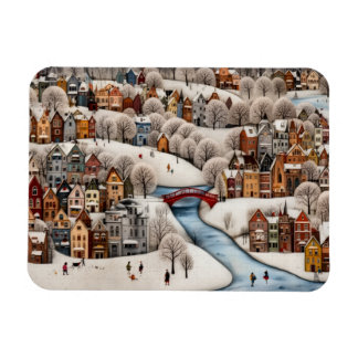 Winter Village Scene Cozy Snowy Town Magnet