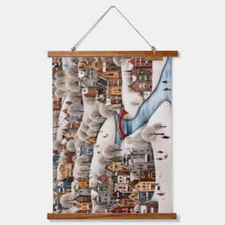 Winter Village Scene Cozy Snowy Town Wandteppich Mit Holzrahmen