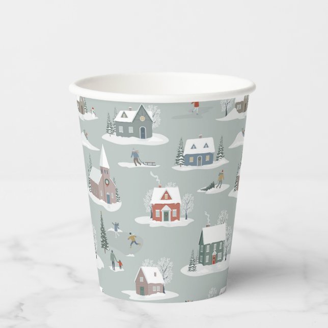 Winter Village Snow Scene Muster Pappbecher (Vorderseite)