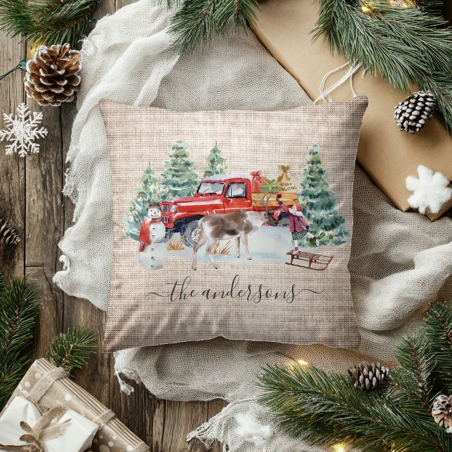 Winter Vintag LKW Rentiermädchen Handgeschrieben Kissen (Von Creator hochgeladen)