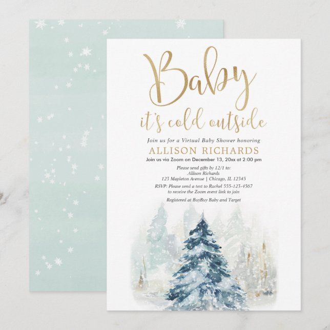 Winter Virtual Dusche Baby ist kalt draußen Gold Einladung (Vorne/Hinten)