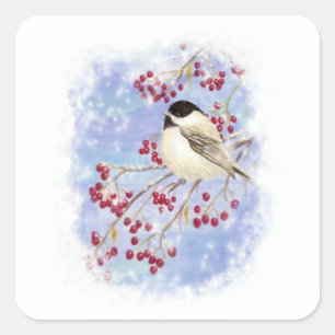Winter-Vogel durch Snowy-Fenster. Weihnachtsszene Quadratischer Aufkleber
