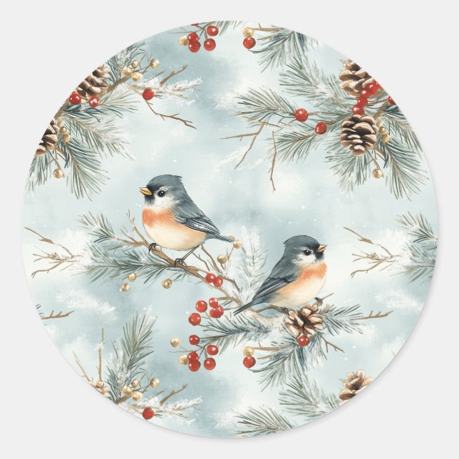 Winter-Vogelmuster mit Pinecones und Schnee Runder Aufkleber (Vorderseite)