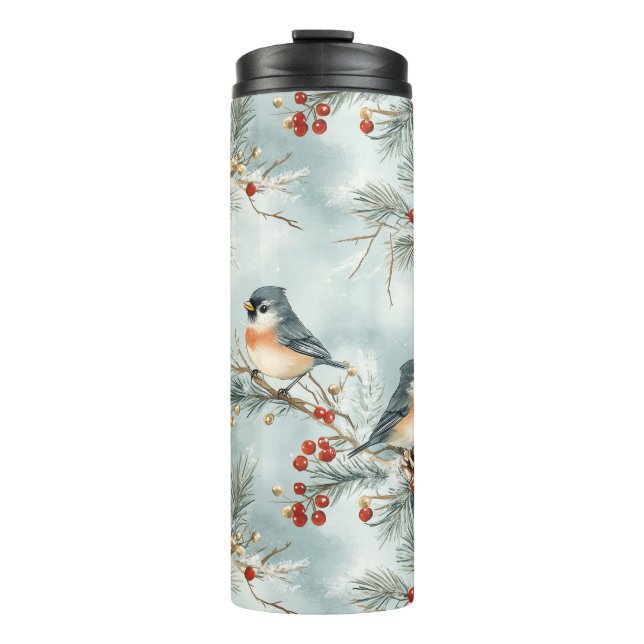 Winter-Vogelmuster mit Pinecones und Schnee Thermosbecher (Vorderseite)