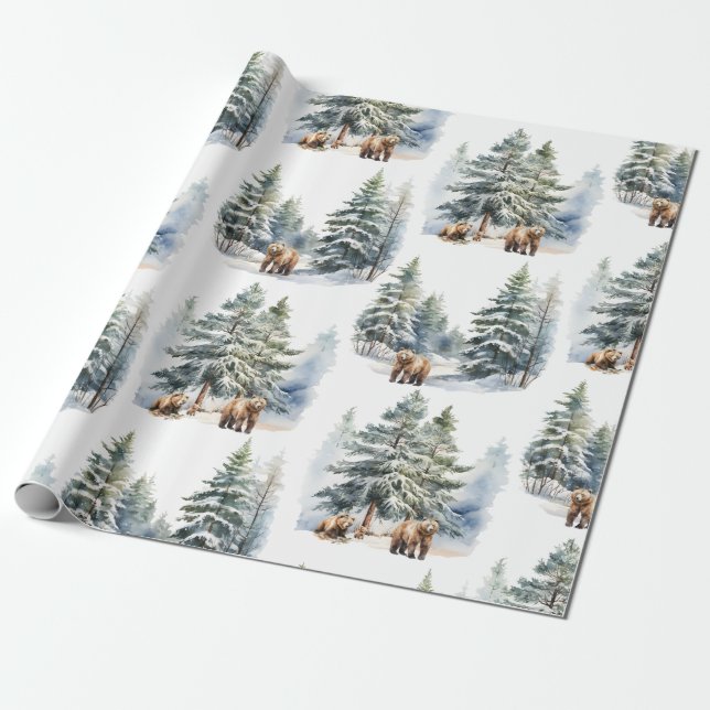 Winter Wald Grizzly Bären Familienurlaub Geschenkpapier (Ungerollt)