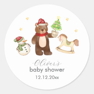 Winter-Wald-Teddybär-Schneemann-Baby-Party Runder Aufkleber