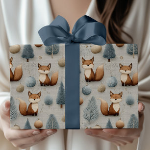 Winter-Waldfox und Weihnachtsbaum in Blau Geschenkpapier