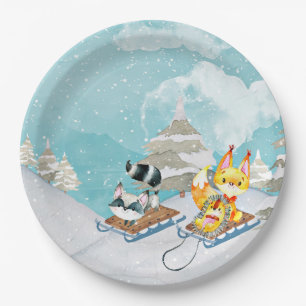 Winter-Waldfreunde - Fox Igel Illustration Pappteller