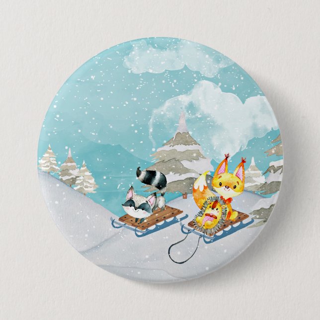 Winter-Waldfreunde - Fox-Igels-Illustration Button (Vorderseite)