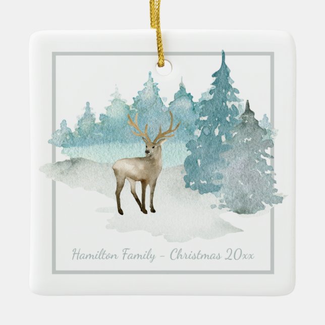 Winter-Waldrotwild-personalisiertes Weihnachten Keramikornament (Vorderseite)