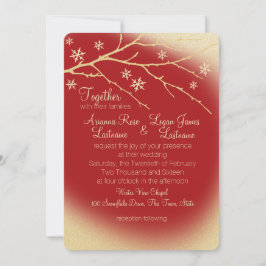 Winter-Waldschneeflocken Rot und Gold Hochzeit Einladung