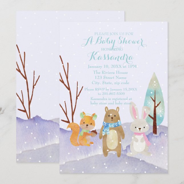 Winter-Waldtier-Babyparty-Einladung Einladung (Vorne/Hinten)