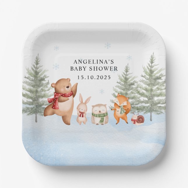 Winter-Waldtiere-Baby-Party Pappteller (Vorderseite)