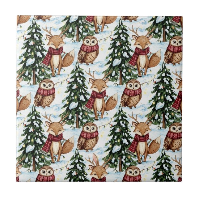 Winter-Waldtiere Weihnachtsmuster Fliese (Vorderseite)