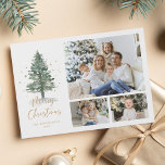 Winter Wasserfarbe Pine Weihnachten 3 Foto<br><div class="desc">Diese elegante 3-Foto-Urlaubskarte bietet einen Aquarellkiefer-Weihnachtsbaum mit goldenen Sternen und Sprinklen. Auf der Rückseite ist ein Aquarellwaldmuster.</div>