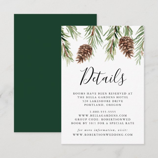 Winter Wasserfarbe Pinecone Hochzeit Details Begleitkarte (Vorne/Hinten)