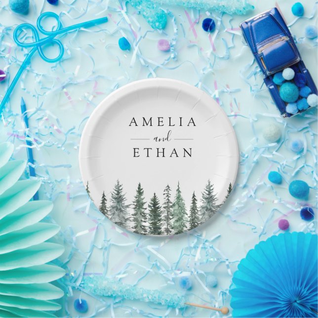 Winter-Wasserfarben-Hochzeit im Wald Pappteller (Party)