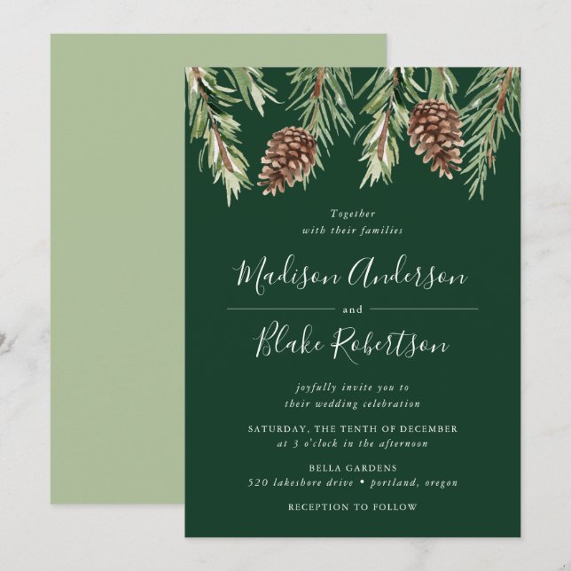 Winter Wasserfarben Pine Cone Grüne Hochzeit Einladung (Vorne/Hinten)