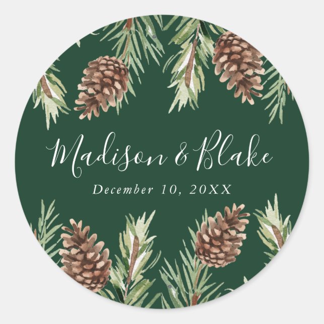 Winter Wasserfarben Pine Cone Grüne Hochzeit Runder Aufkleber (Vorderseite)