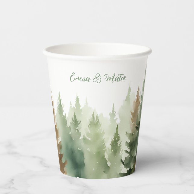 Winter Wasserfarben Pinienwald Hochzeit Pappbecher (Rückseite)