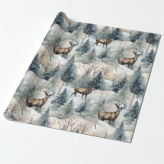 Winter-Wasserfarben-Waldhirsche (1) Geschenkpapier (Ungerollt)