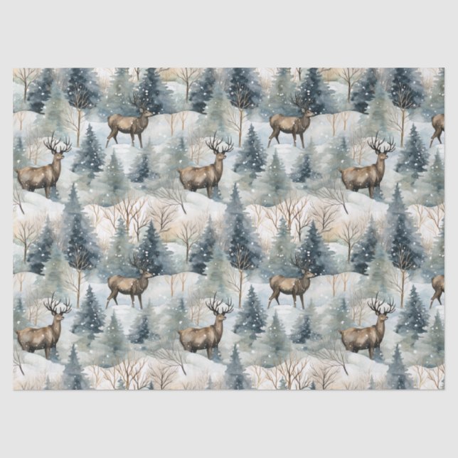 Winter-Wasserfarben-Waldhirsche (1) Seidenpapier (Vorderseite)