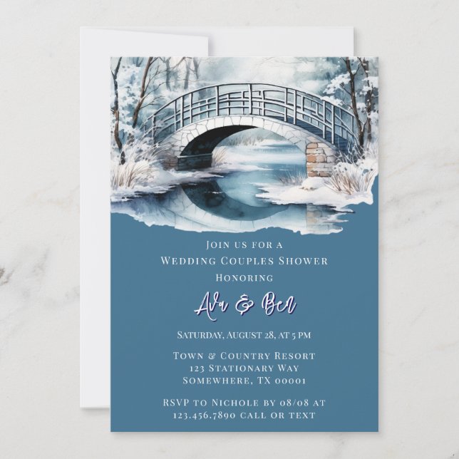 Winter Water Stream Bridge Wedding Couples Dusche Einladung (Vorderseite)
