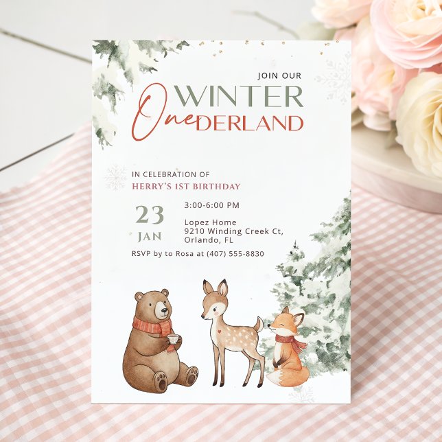 Winter Watercolor Animal Onederland First Birthday Einladung (Von Creator hochgeladen)