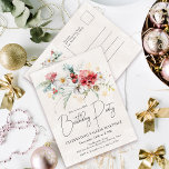 Winter Watercolor Blume 40. Geburtstag Party Einladungspostkarte<br><div class="desc">Rot-weiße Blume in den Aquarellen sind in sanften, grünen Blätter und Blättern eingebettet. Schneeflocken aus Gold sorgen für eine festliche Touch. Ein elegantes, einfaches und modernes Drehbuch verleiht ihm eine offene und luftige Atmosphäre. Im hinteren Teil des Hauses befindet sich ein Blumenkochett, Ihre Rücksendeadresse und Ihr Platz, um die Informationen...</div>
