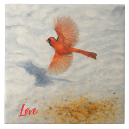 Winter Watercolor Cardinal in Flight Fliese