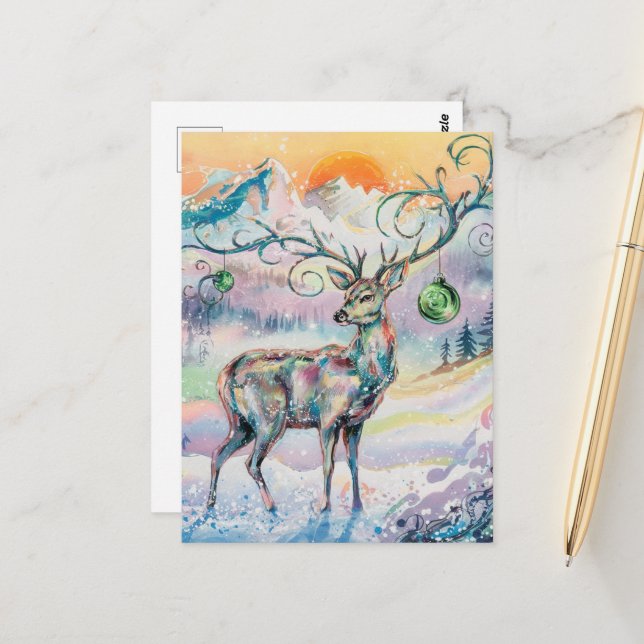 Winter Watercolor Christmas Deer Postkarte (Vorderseite/Rückseite Beispiel)