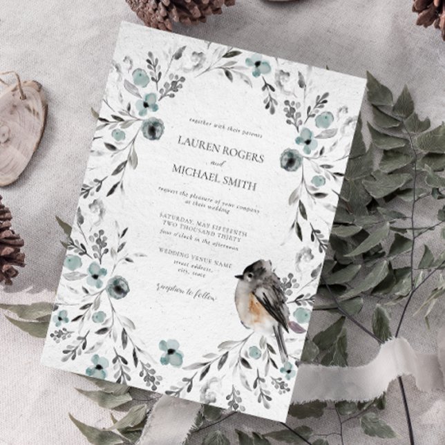 Winter Watercolor Dusty Blue Botanical Wedding Einladung (Winter Wedding Invitation)