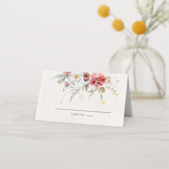 Winter Watercolor Flora Snowflakes Platzkarte (Vorderseite)