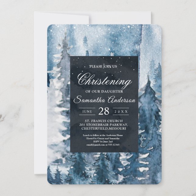 Winter Watercolor Forest & Navy Blue & White Invit Einladung (Vorderseite)