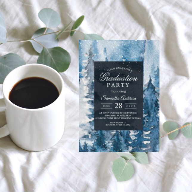 Winter Watercolor Forest & Navy Blue & White Invit Einladung (Von Creator hochgeladen)