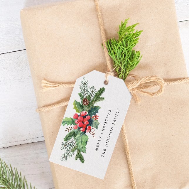 Winter Watercolor Holly Berry Greenery Geschenkanhänger (Winter Watercolor Holly Berry Greenery Gift Tags)