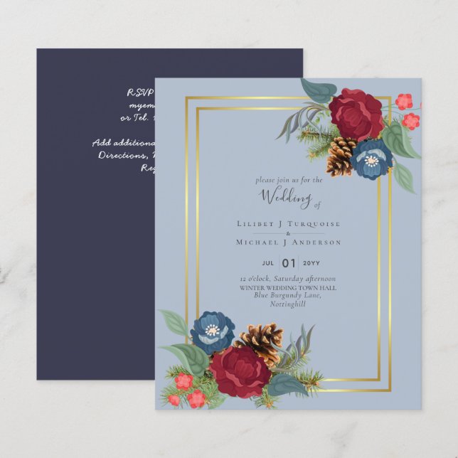 Winter Wedding Burgundy Aquamarin Blue Modern (Vorne/Hinten)