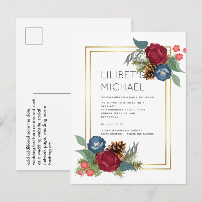 Winter Wedding Burgundy Aquamarin Blue Modern Postkarte (Vorne/Hinten)