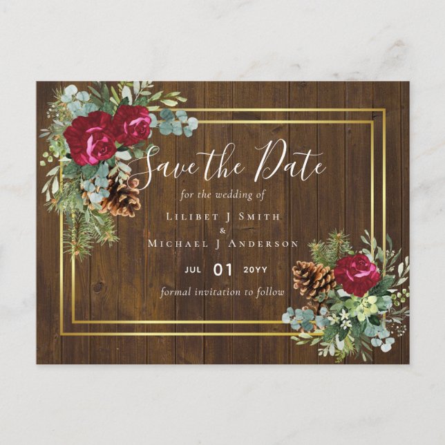 Winter Wedding Burgundy Rose Eukalyptus Postkarte (Vorderseite)