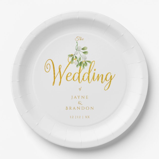 Winter Wedding Elegant Gold Script Mistletoe Pappteller (Vorderseite)