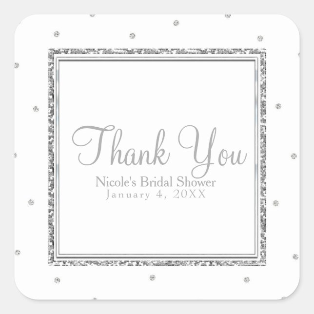 Winter Wedding Glam Silver & White Dots Party Quadratischer Aufkleber (Vorderseite)