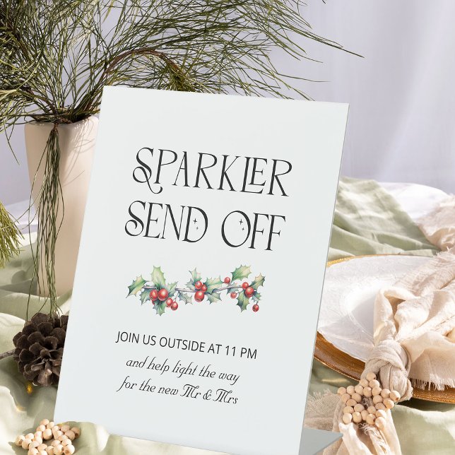 Winter Wedding Holly Sparkler Absenden von Zeichen Sockelschild (Sparkler Send Off Sign from the Holly Bells Wedding Collection by Darling & May)